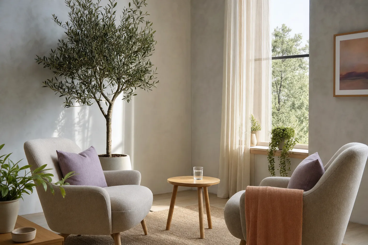 A quiet consultation room with two armchairs, a small table and morning light through a tall window