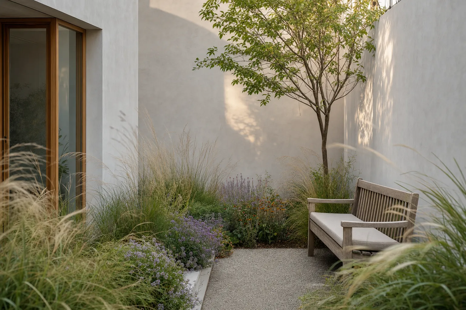 The clinic's small courtyard garden with tall grasses and a wooden bench