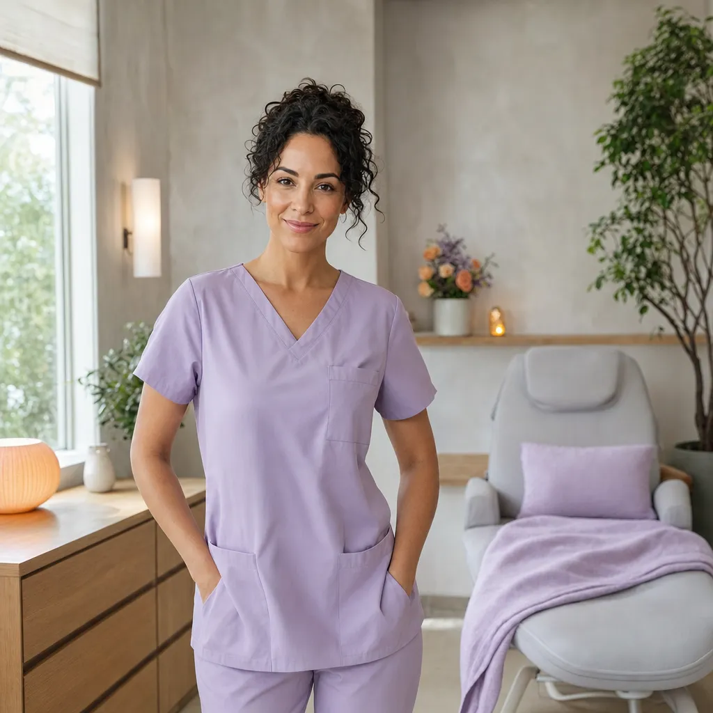 Portrait of Leila Haddad in lilac scrubs in the treatment room