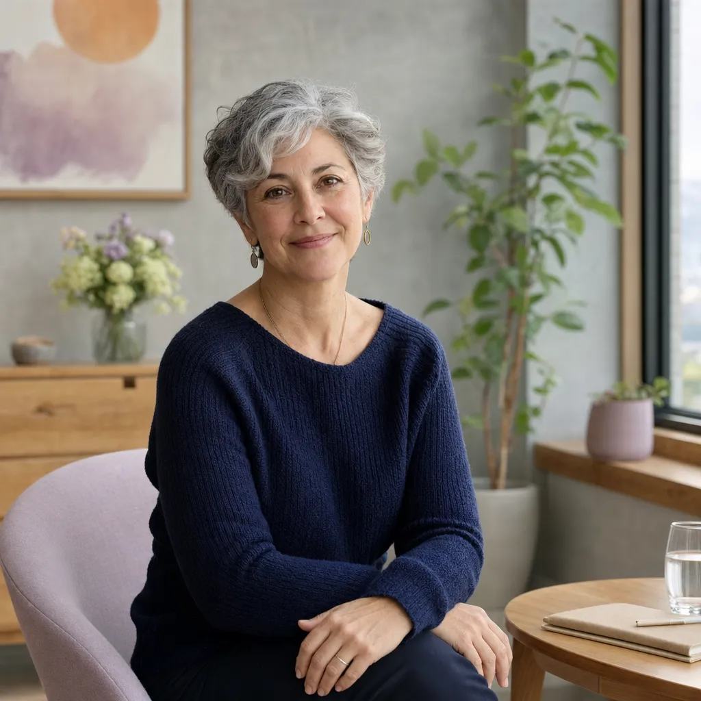Portrait of Dr Helen Marlowe in a navy jumper, seated by a window