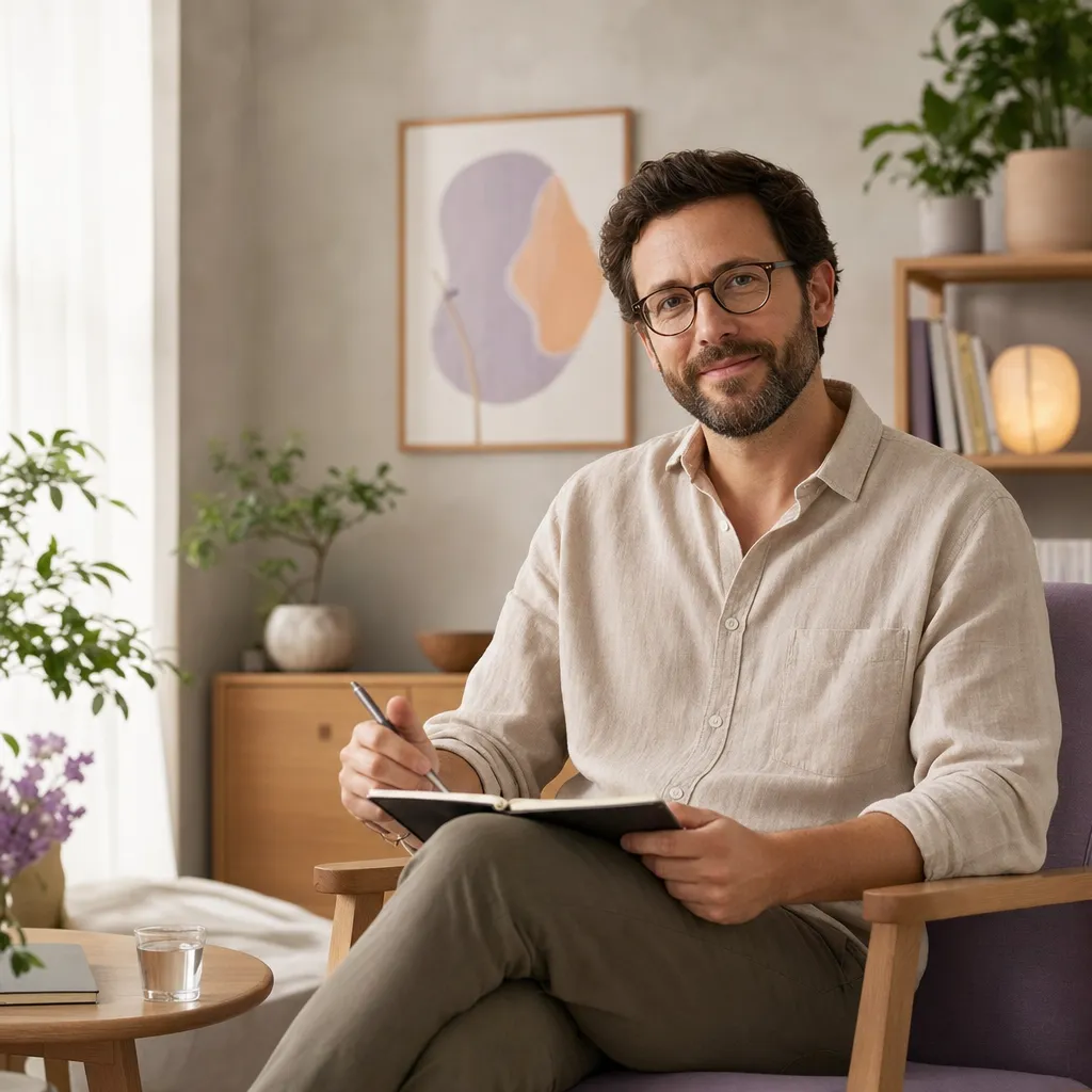 Portrait of Dr Tomas Varga in a linen shirt, holding a notebook