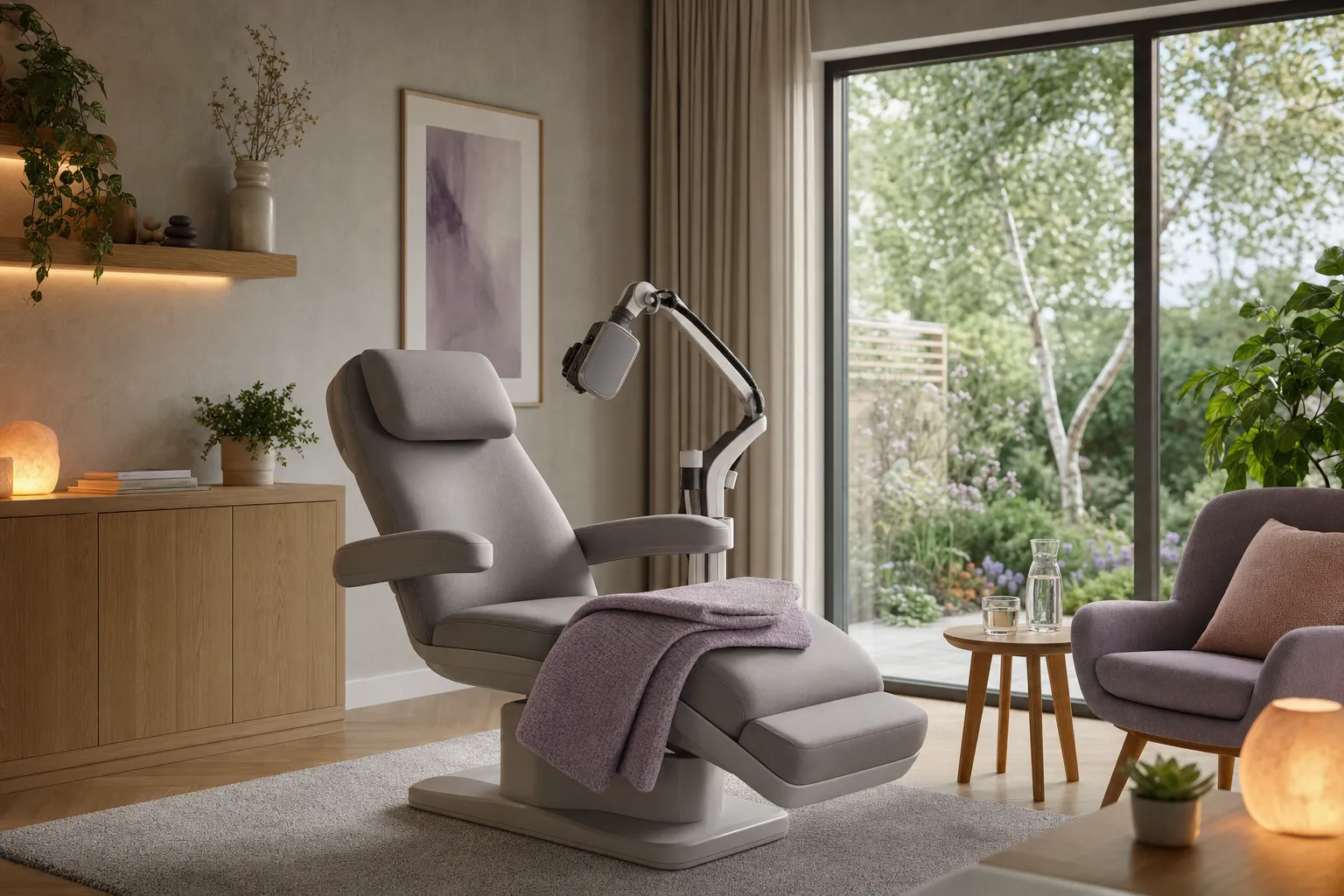 The TMS room: a reclining grey treatment chair beside a window onto the garden