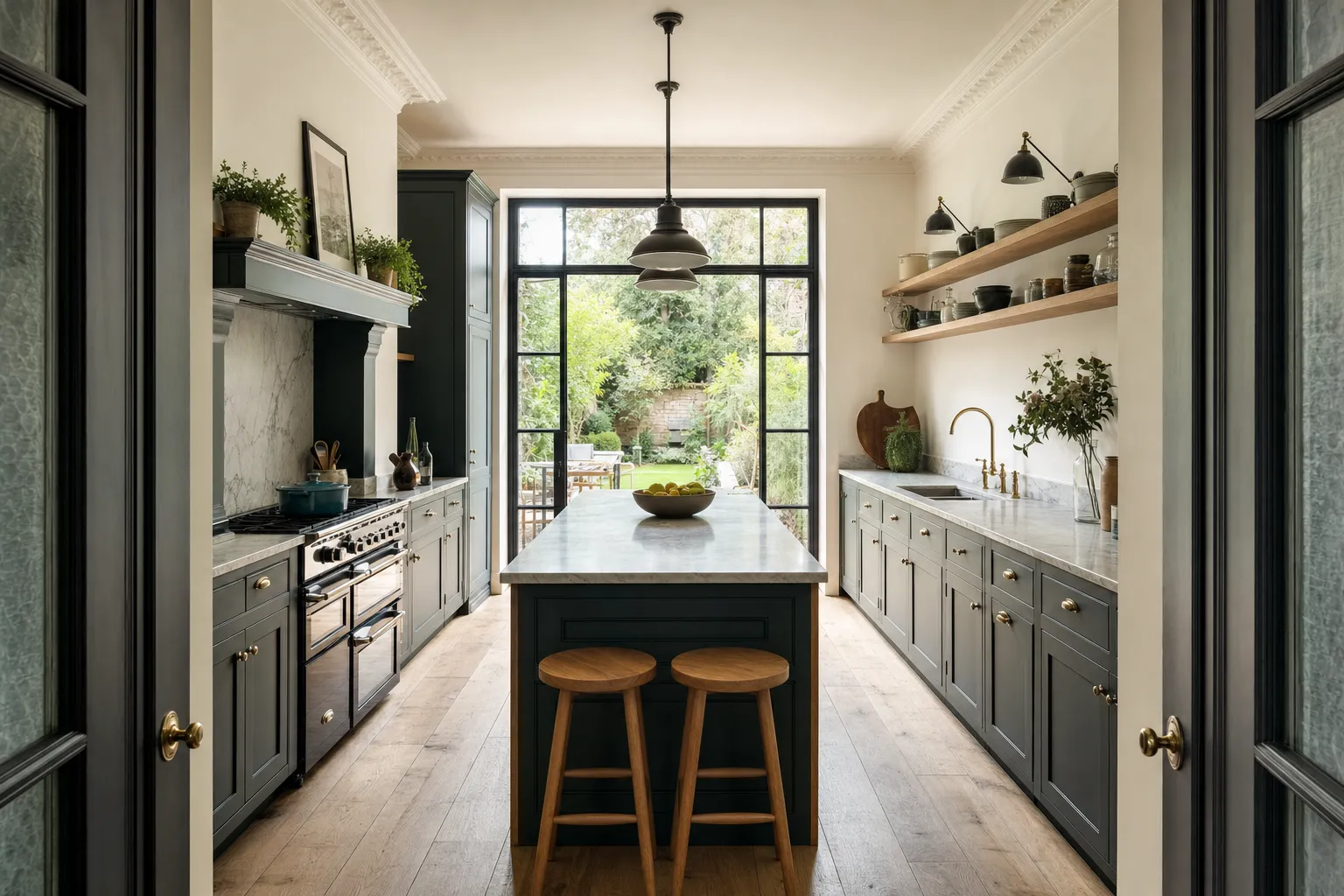 The same kitchen after: green shaker units, a quartzite island and steel-framed glazing to the garden