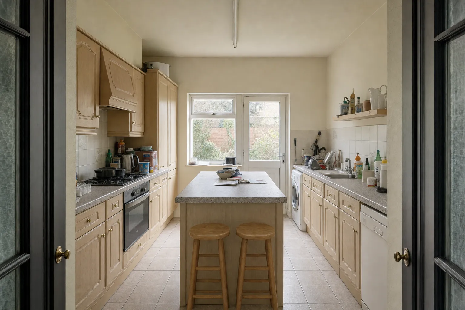 The kitchen before: beech-effect units, a speckled laminate worktop and a small uPVC back door
