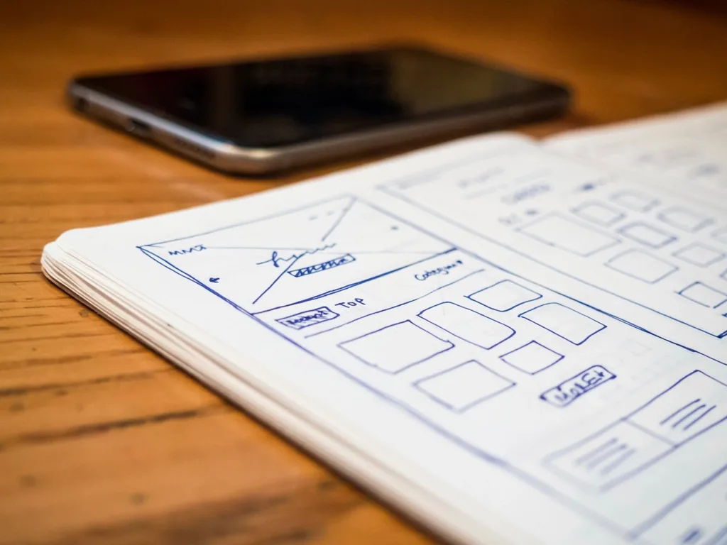 A notebook open on a wooden desk showing hand drawn page wireframes in blue pen, with a smartphone lying behind it