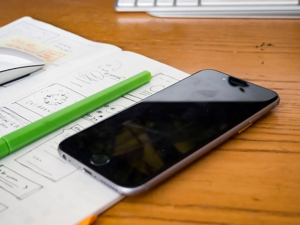 Hand-drawn page layout sketches in an open notebook, with a green pen and a phone resting on top